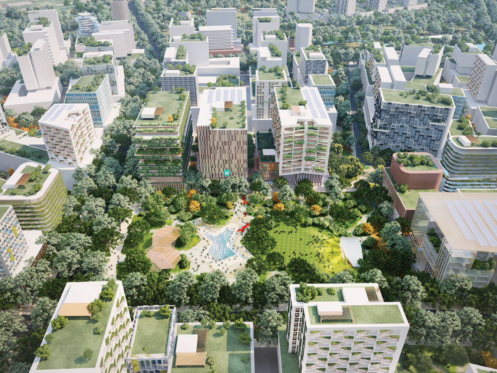 An aerial view of an artist impression of Central Park and surrounding buildings