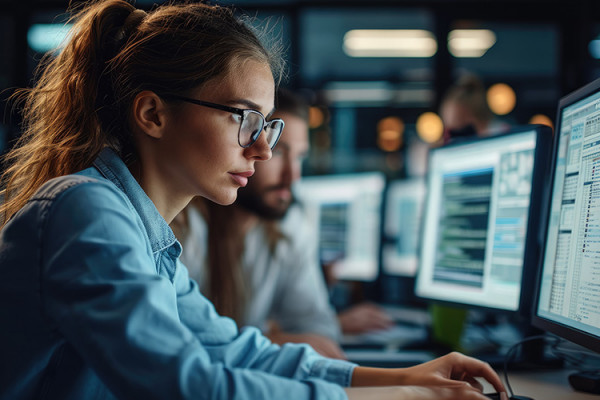 A woman and man working on computers in an office