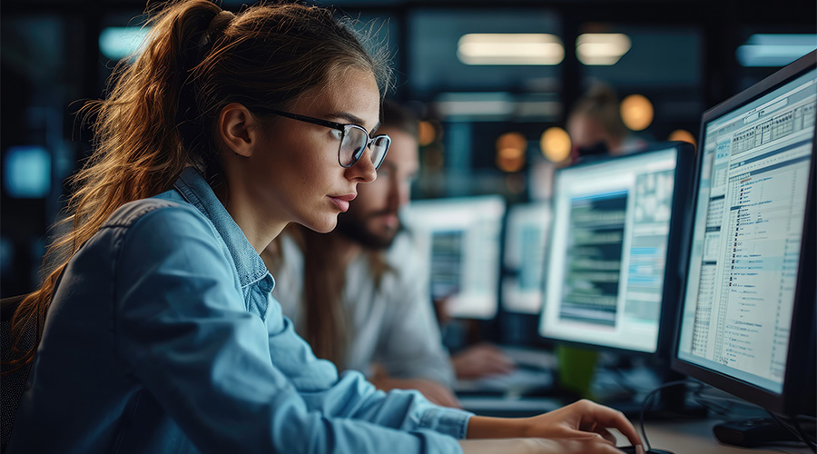 A woman and man working on computers in an office