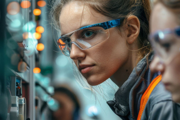 Two female factory workers wearing safety goggles and high-vis vests