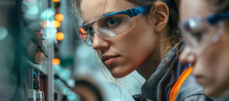 Two female factory workers wearing safety goggles and high-vis vests