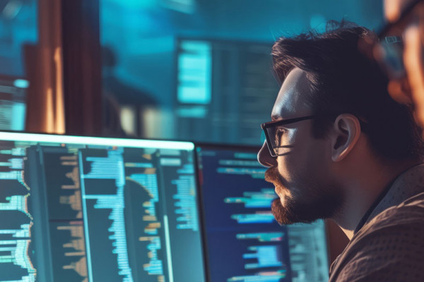 A man working at a computer screen