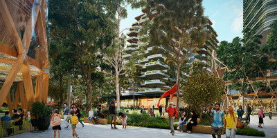 Artist render of open space and surrounding buildings at ground level in Superlot 1