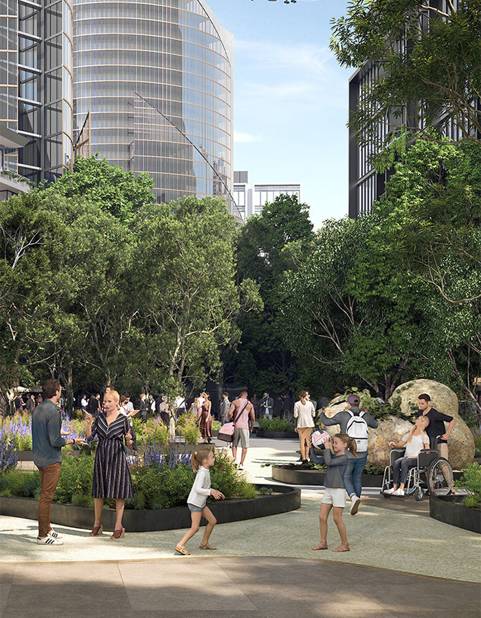 Artist render of people in a mixed use space, featuring trees and urban surrounds.