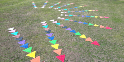 Triangular flags of assorted colours, arranged in a grass field in a rainbow pattern.